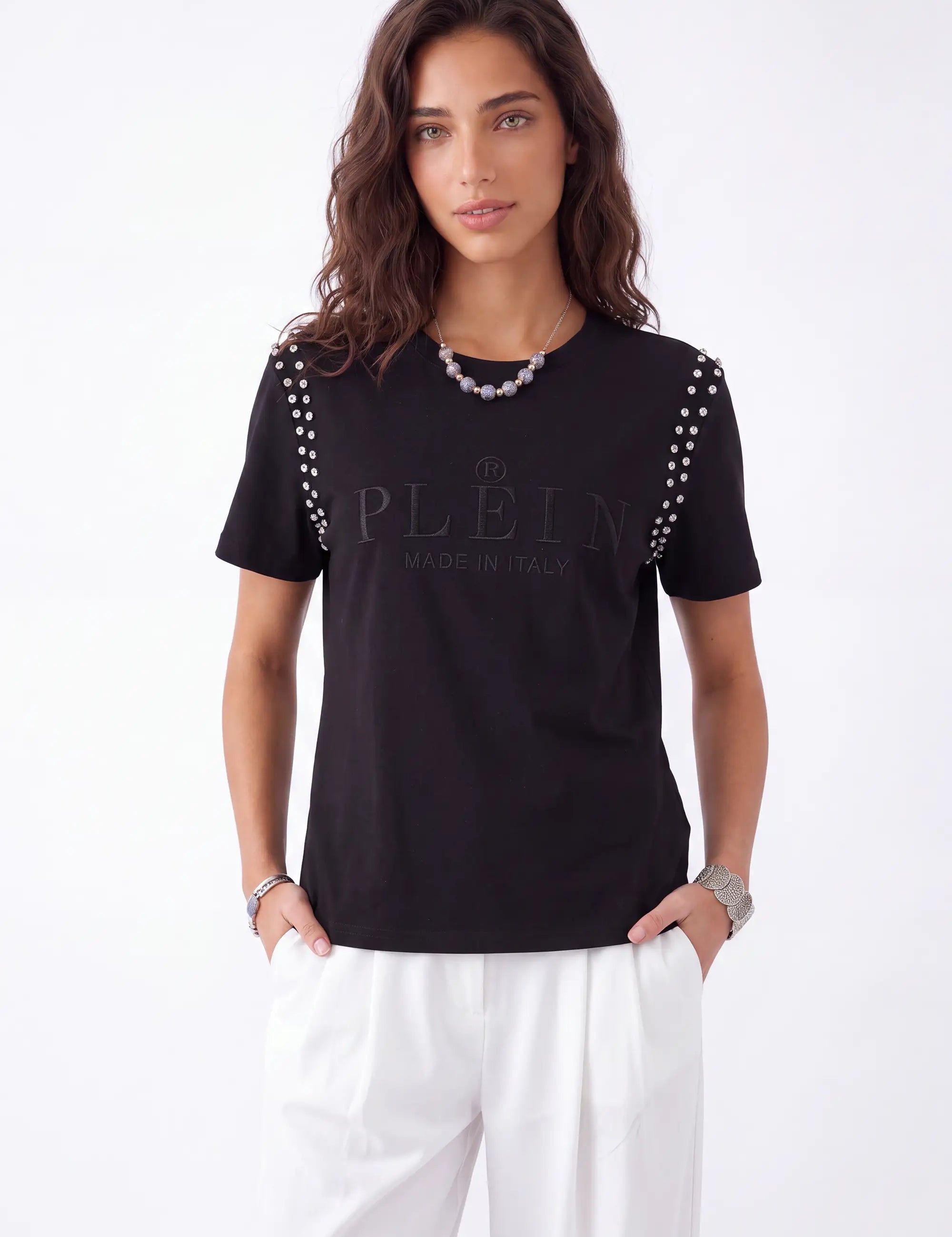 Black Crew Neck T-Shirt with Studded Shoulders and PLEIN Embroidery on model, front view – Elppis JD3E5410AV