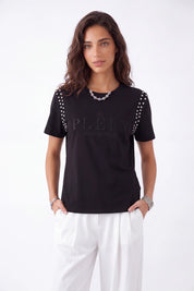 Black Crew Neck T-Shirt with Studded Shoulders and PLEIN Embroidery on model, front view – Elppis JD3E5410AV