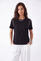 Black Crew Neck T-Shirt with Studded Shoulders and PLEIN Embroidery