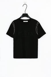 Black Crew Neck T-Shirt with Studded Shoulders and PLEIN Embroidery product detail 1 – Elppis JD3E5410AV