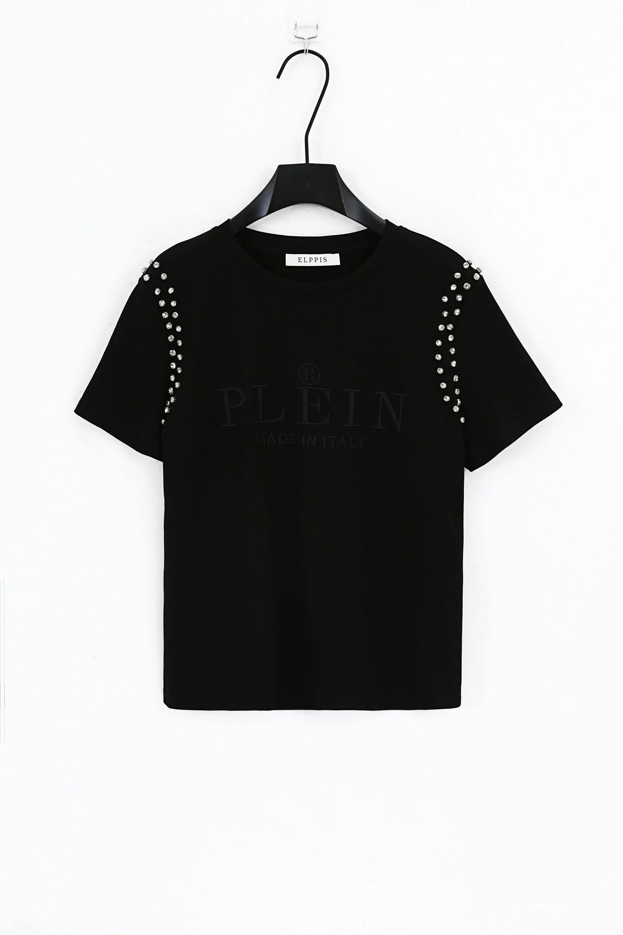 Black Crew Neck T-Shirt with Studded Shoulders and PLEIN Embroidery product detail 1 – Elppis JD3E5410AV