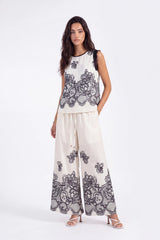 Ivory Wide-Leg Pants with Black Lace Floral Border Print