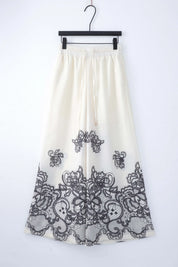 Ivory Wide-Leg Pants with Black Lace Floral Border Print product view – Elppis JD4I7642BO