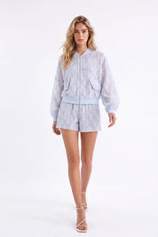 Light Blue Beaded Lace Bomber Jacket — model front view 2