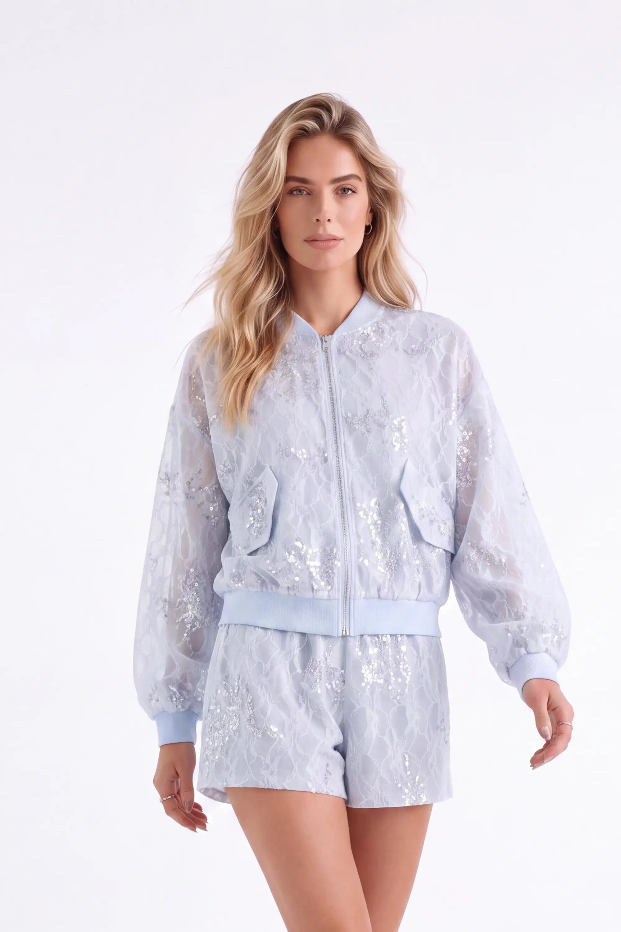 Light Blue Beaded Lace Bomber Jacket — model front view 3