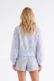 Light Blue Beaded Lace Bomber Jacket — model front view 5