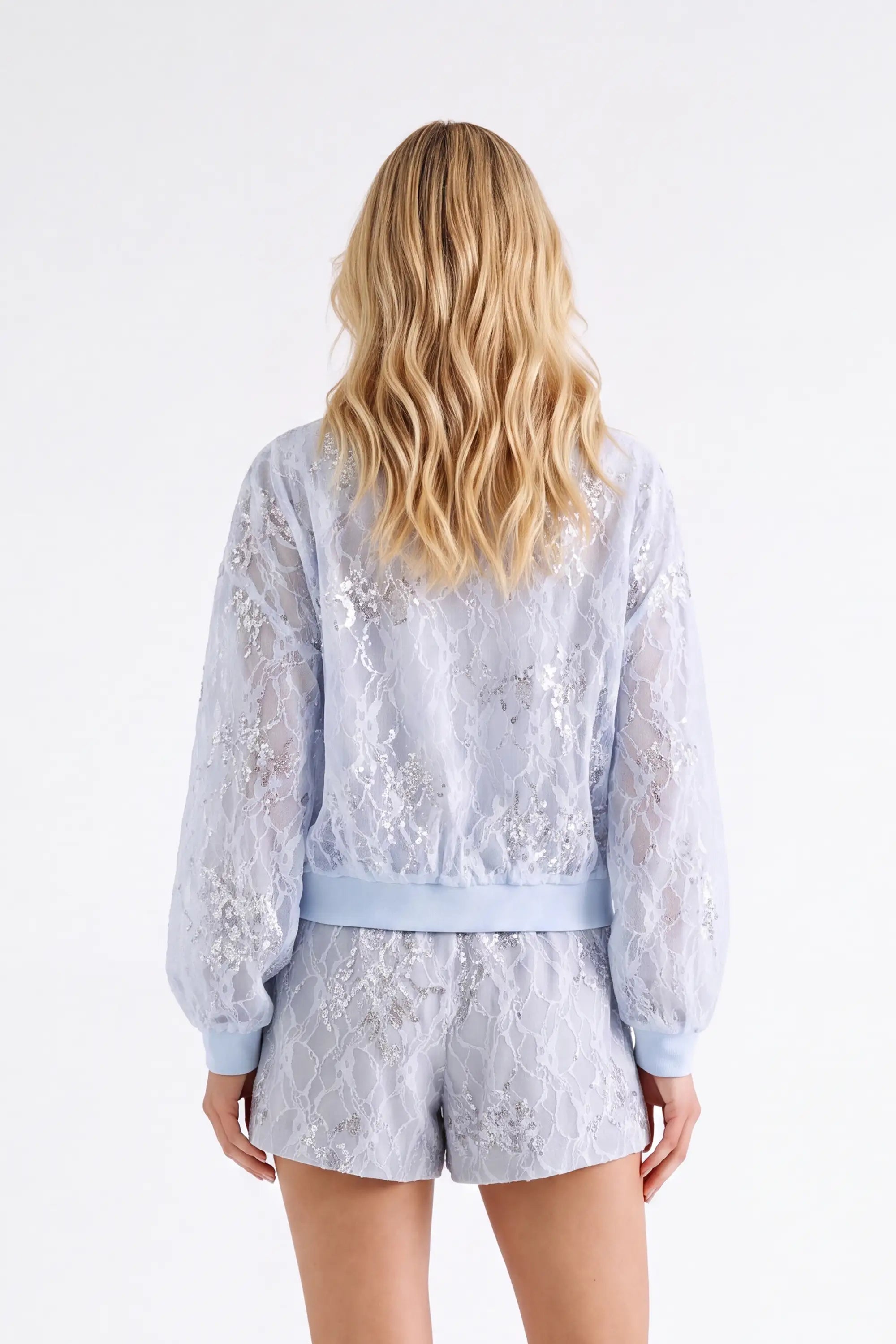 Light Blue Beaded Lace Bomber Jacket — model front view 5