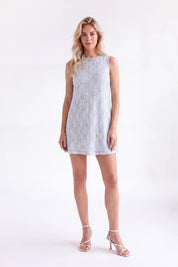 Light Blue Beaded Lace Sleeveless Mini Dress — Model White Background Front