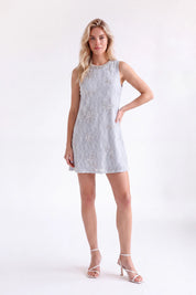 Light Blue Beaded Lace Sleeveless Mini Dress — Model White Background View 2