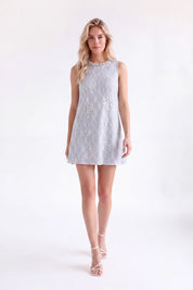 Light Blue Beaded Lace Sleeveless Mini Dress — Model White Background View 3