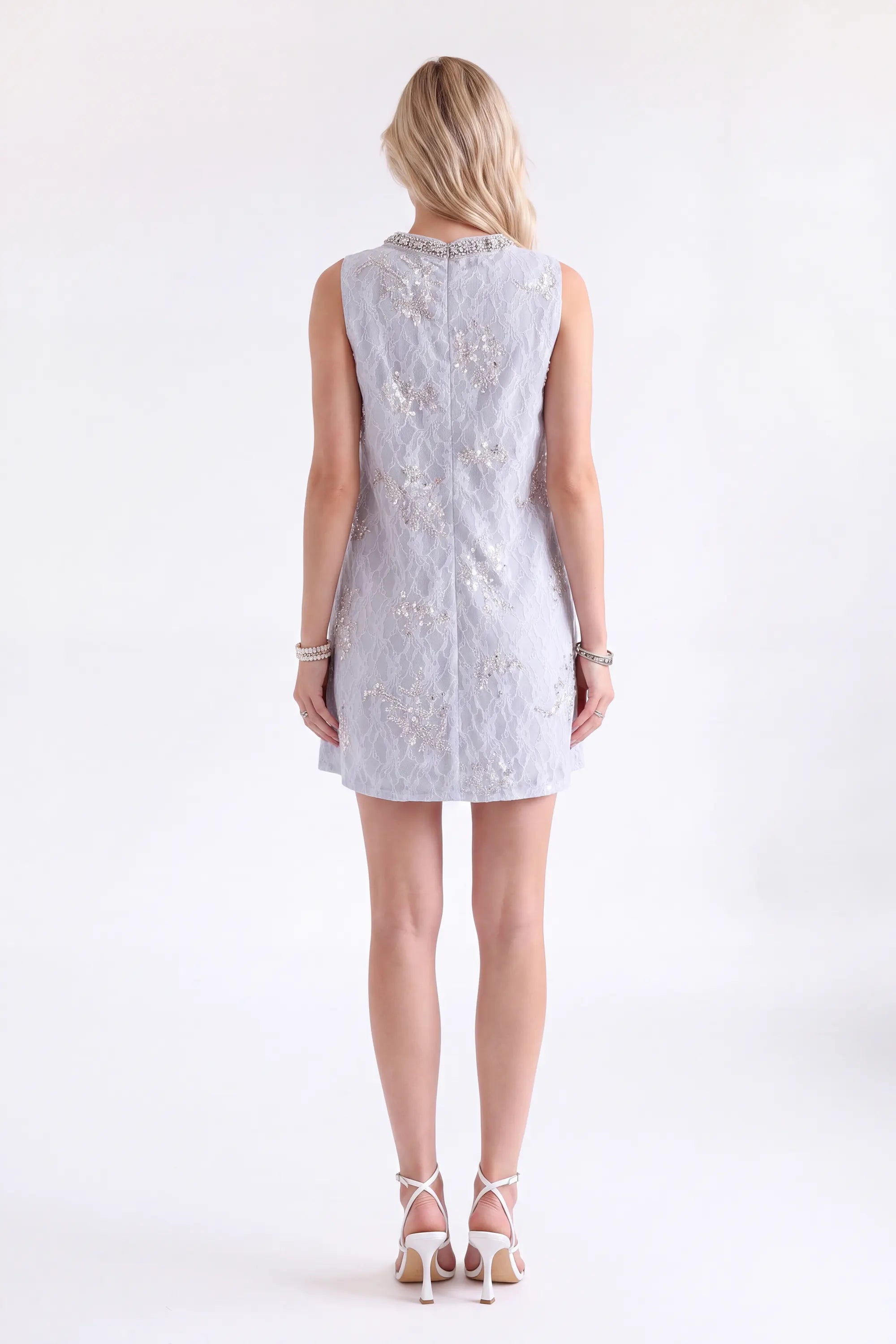Light Blue Beaded Lace Sleeveless Mini Dress — Model White Background View 5