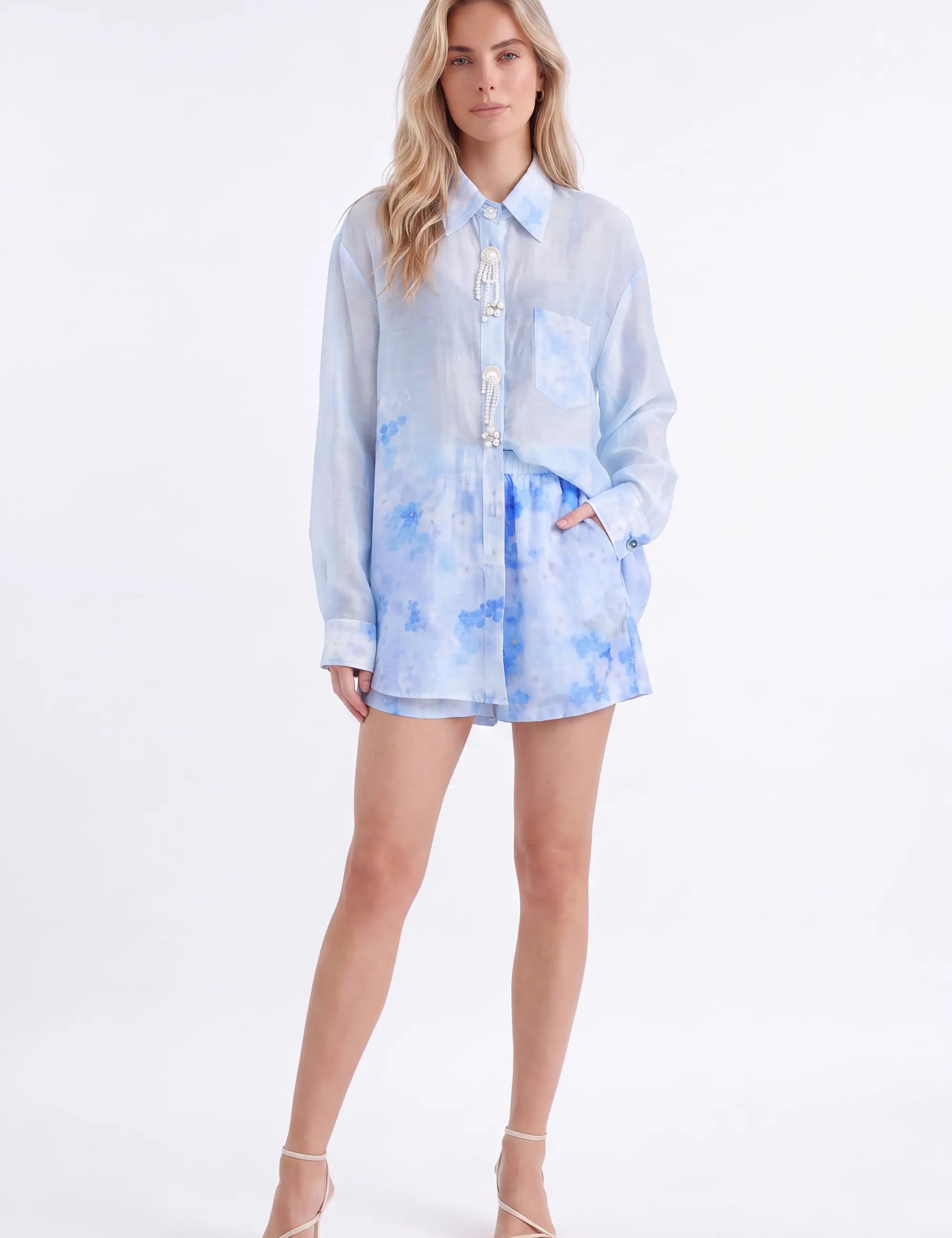 Light Blue Floral Print Long-Sleeve Shirt with Pearl Button Embellishments — model front view 1