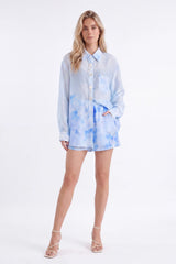 Light Blue Floral Print Long-Sleeve Shirt with Pearl Button Embellishments