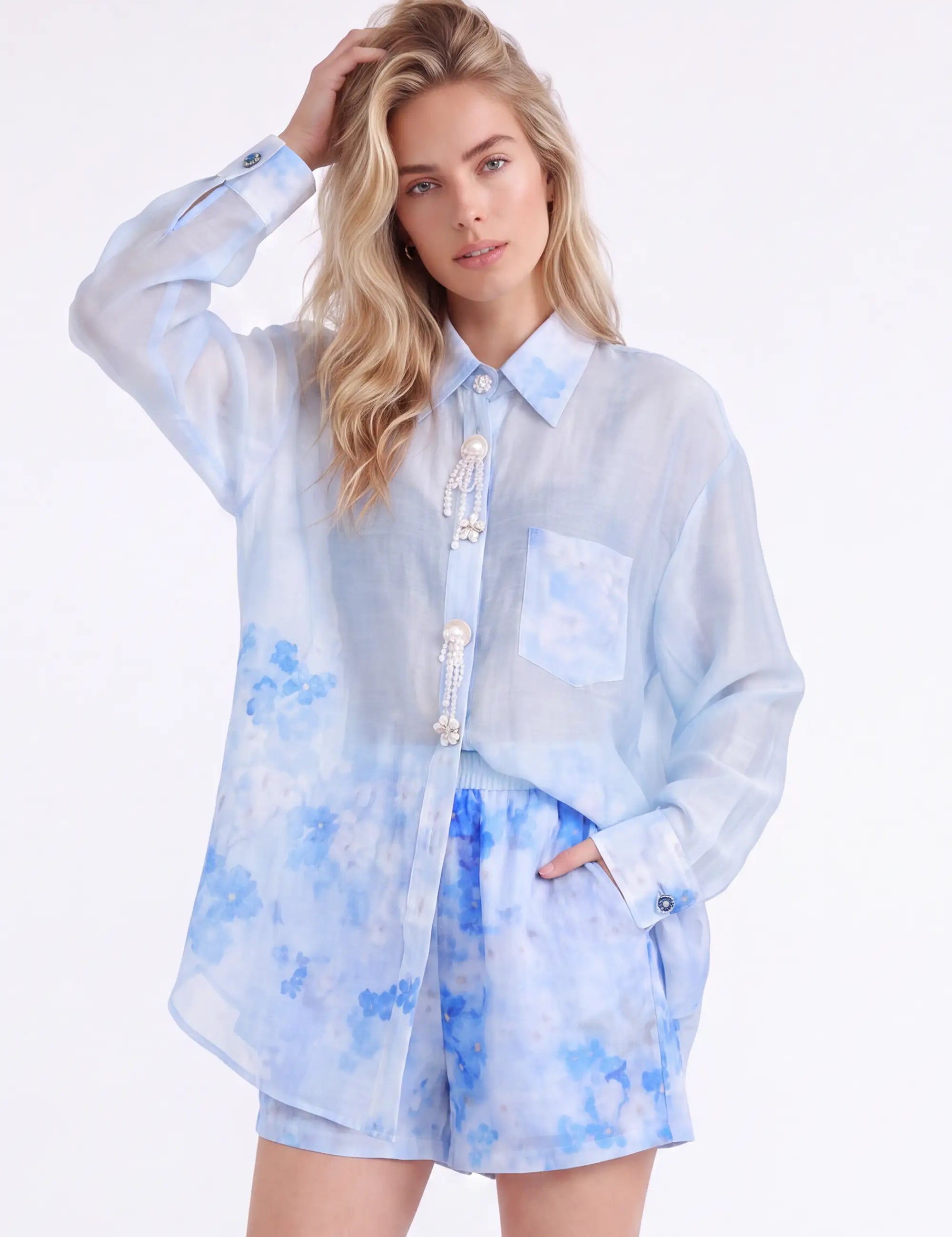 Light Blue Floral Print Long-Sleeve Shirt with Pearl Button Embellishments — model front view 2