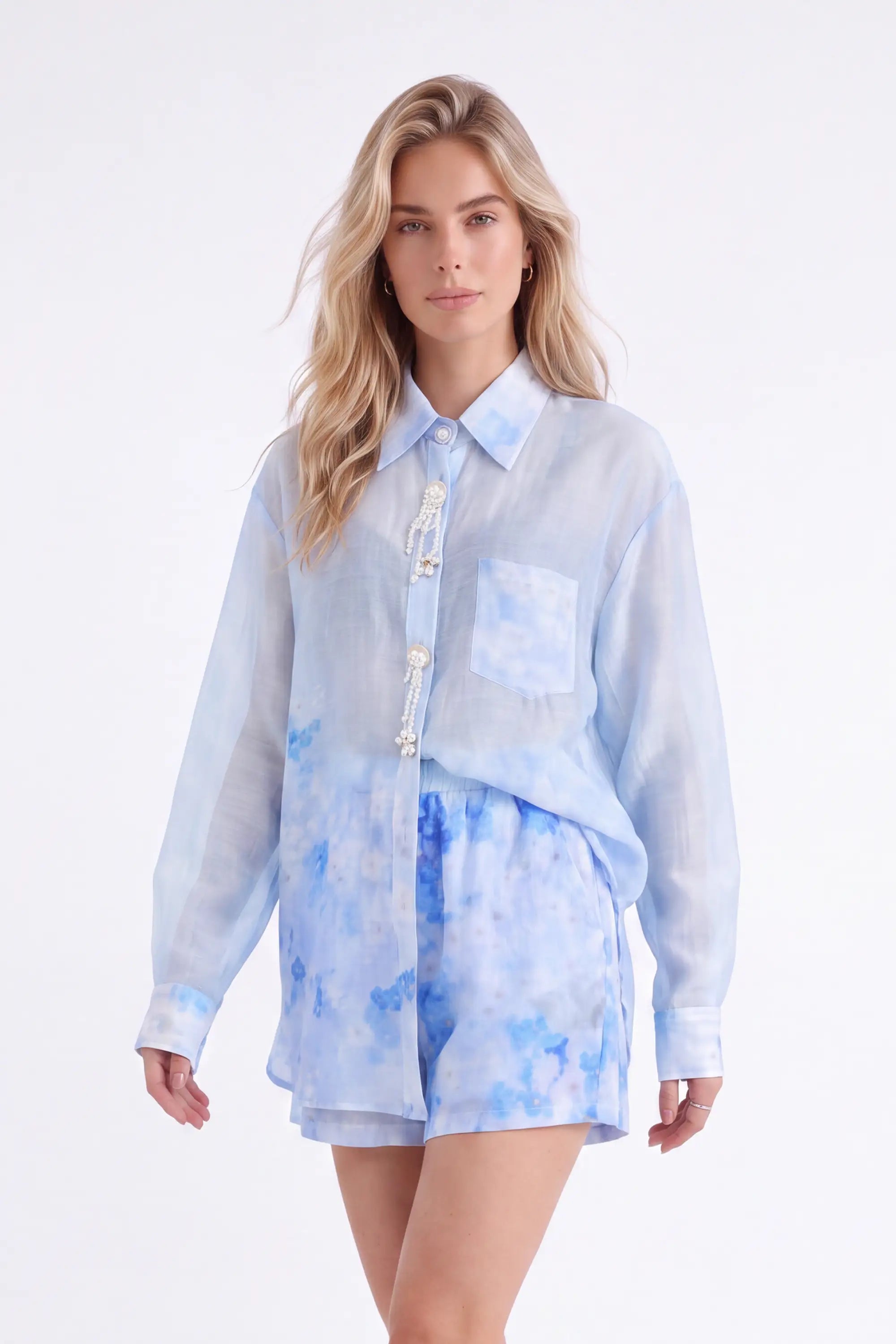 Light Blue Floral Print Long-Sleeve Shirt with Pearl Button Embellishments — model front view 3