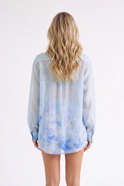Light Blue Floral Print Long-Sleeve Shirt with Pearl Button Embellishments — model front view 4