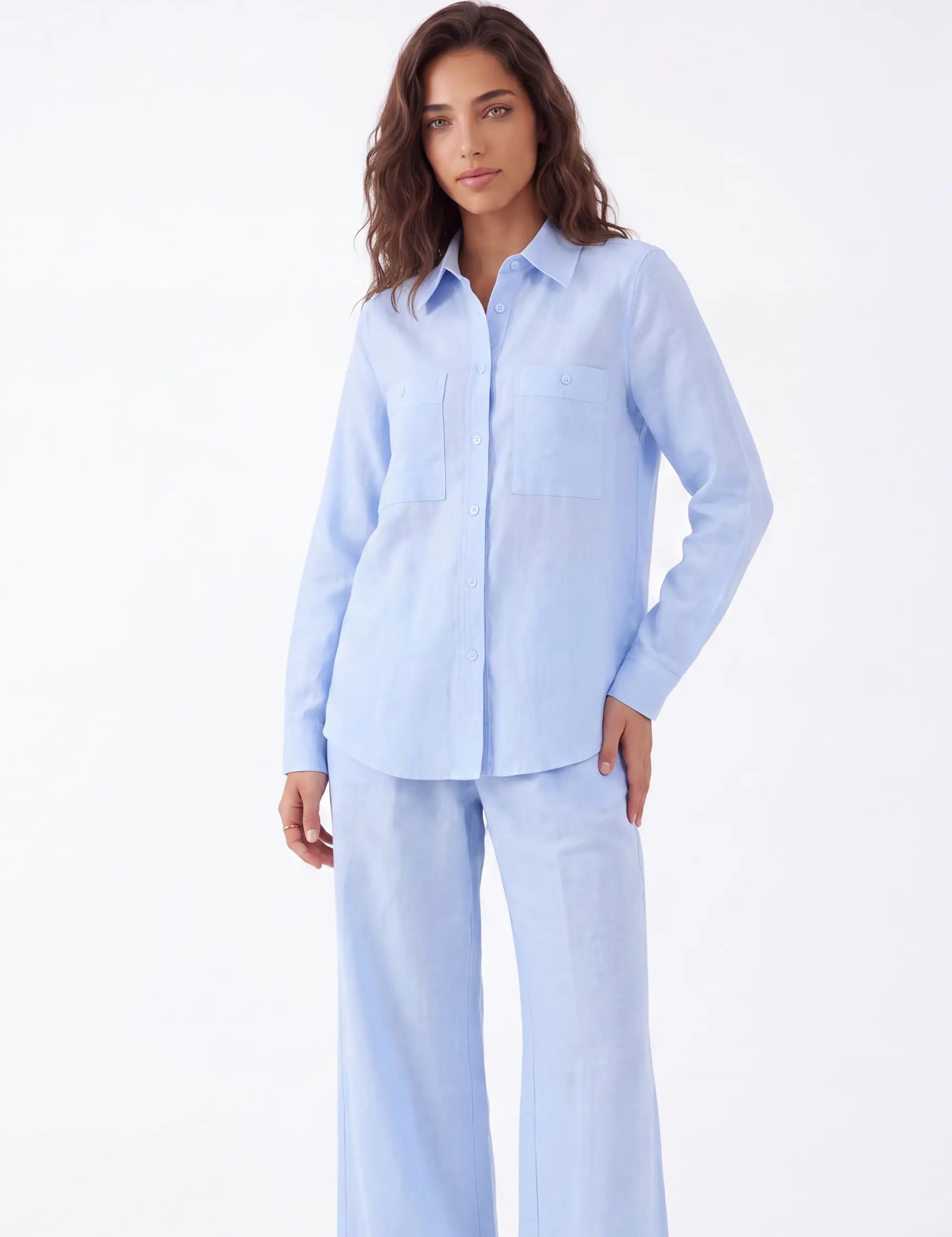 Light Blue Linen-Cotton Long-Sleeve Button-Down Shirt — Model White Background Front