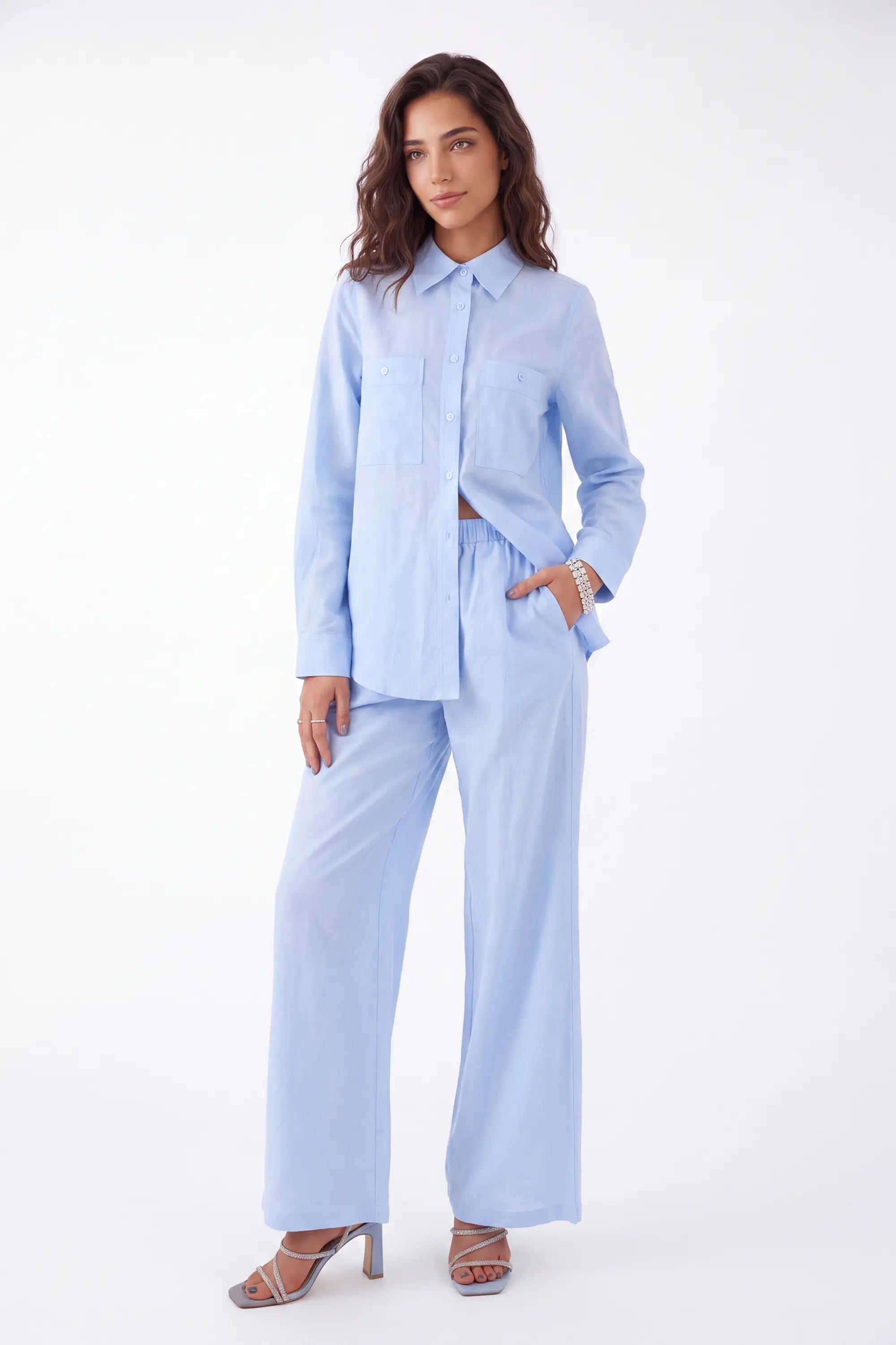 Light Blue Linen-Cotton Long-Sleeve Button-Down Shirt — Model White Background View 2