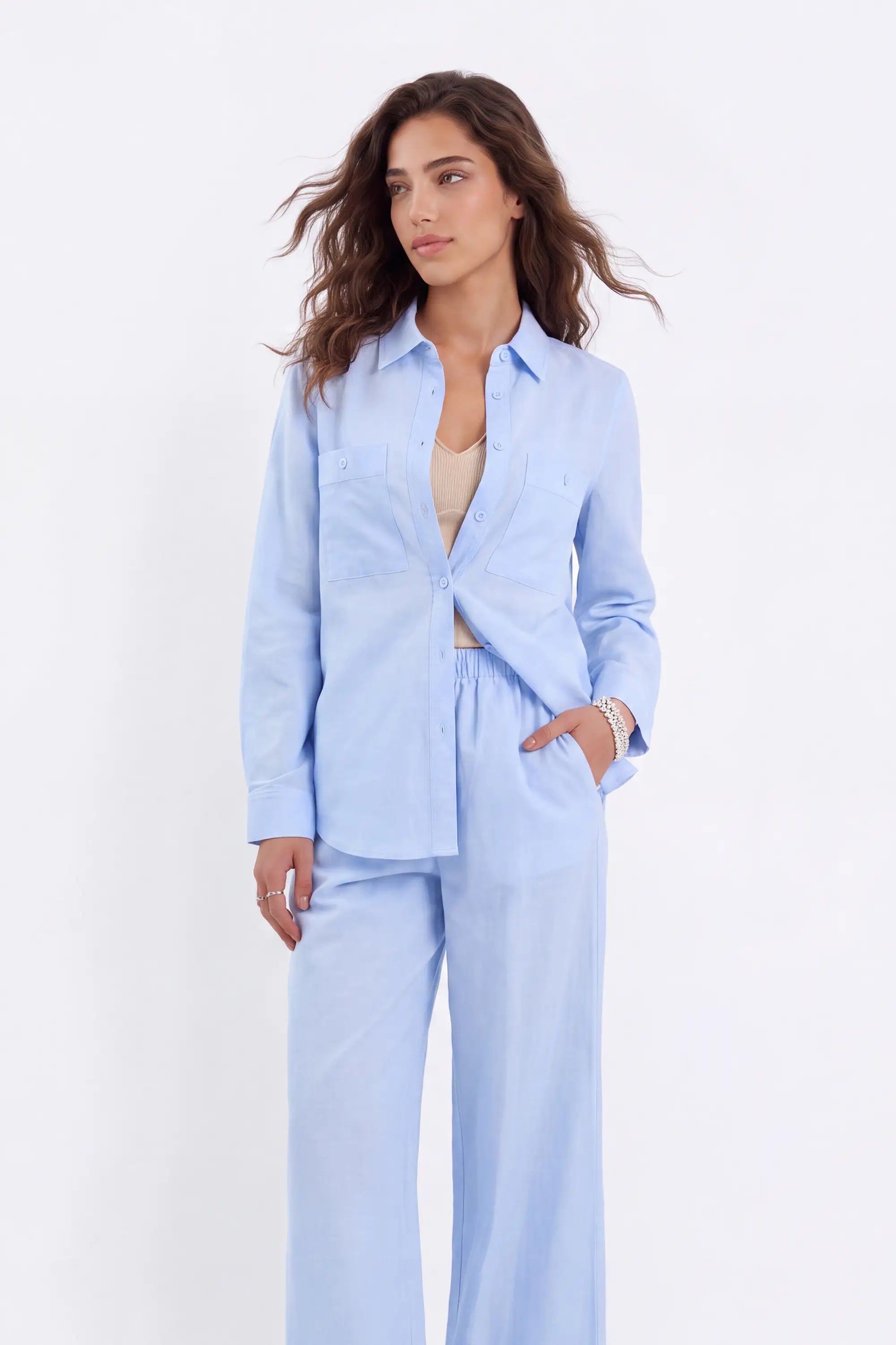 Light Blue Linen-Cotton Long-Sleeve Button-Down Shirt — Model White Background View 3