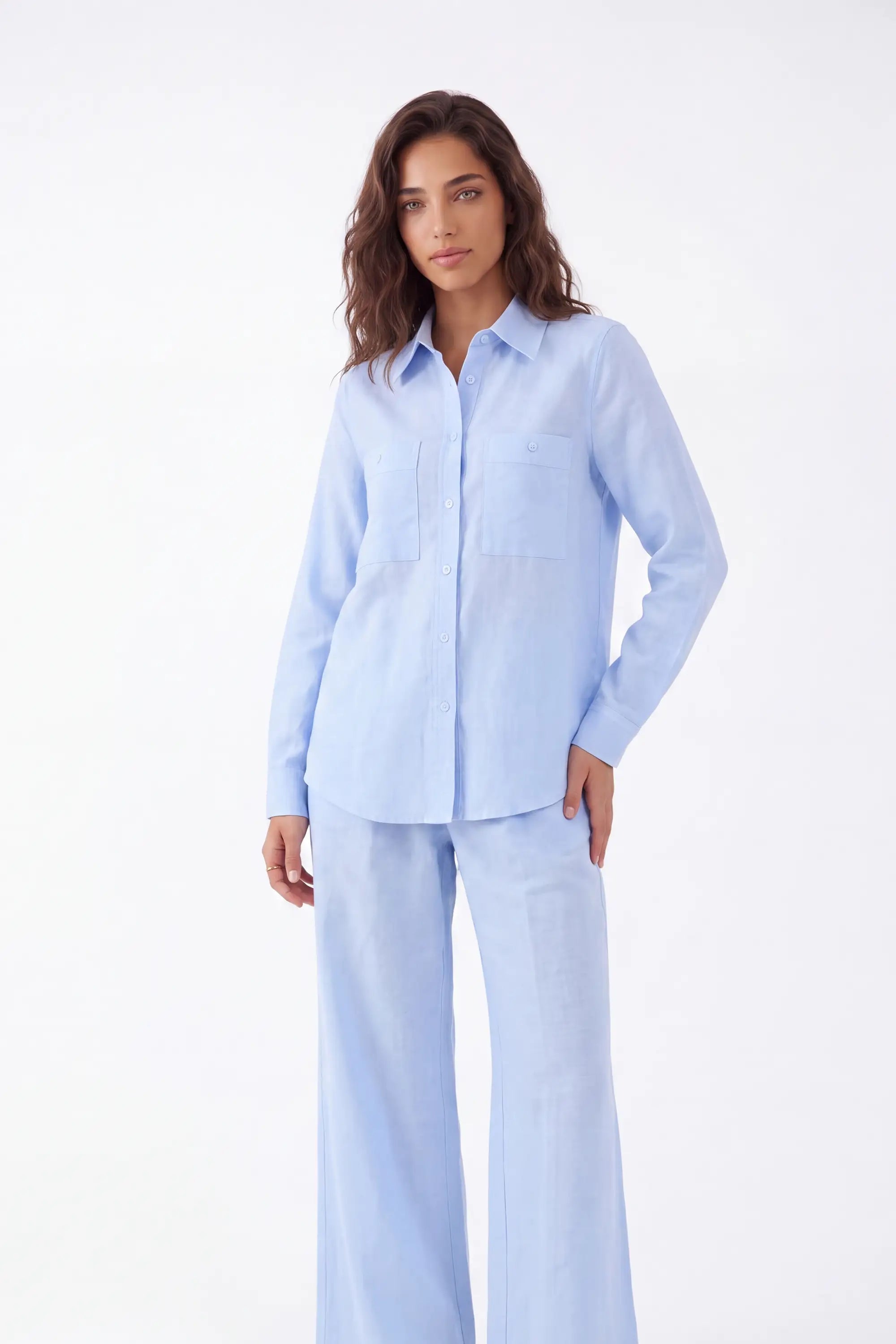Light Blue Linen-Cotton Wide-Leg Pants — Model White Background Front