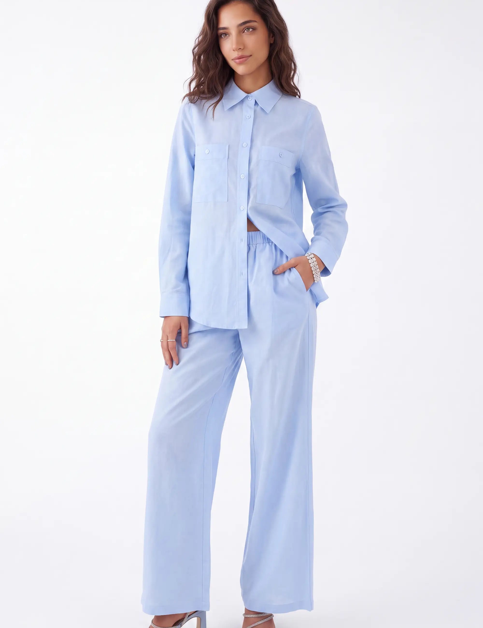 Light Blue Linen-Cotton Wide-Leg Pants — Model White Background View 2