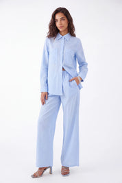 Light Blue Linen-Cotton Wide-Leg Pants — Model White Background View 2