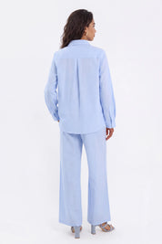 Light Blue Linen-Cotton Wide-Leg Pants — Model White Background View 4
