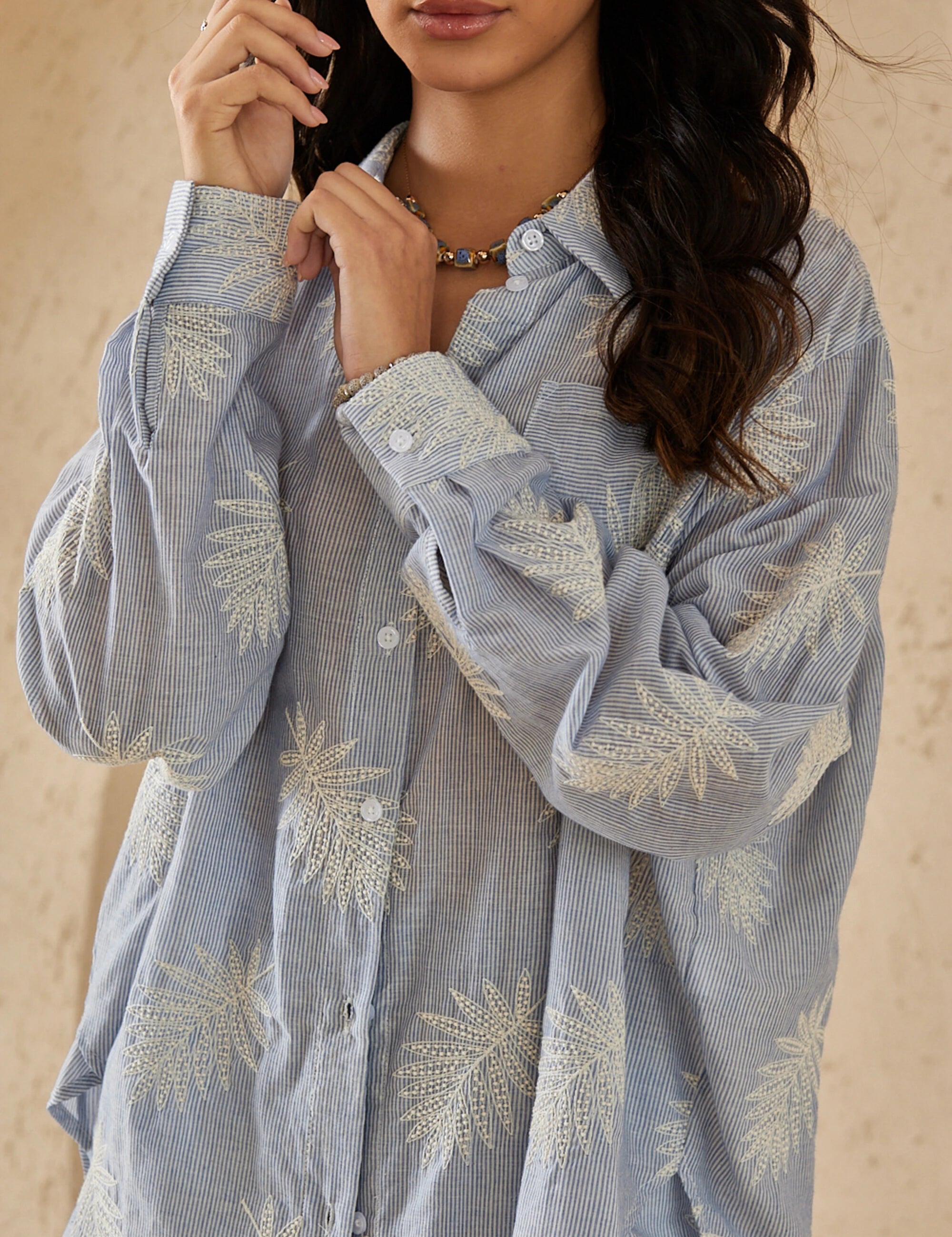 Elppis Light Blue Striped Long-Sleeve Shirt with Palm Leaf Embroidery, editorial styling view on model — SKU 3J5F05302BT