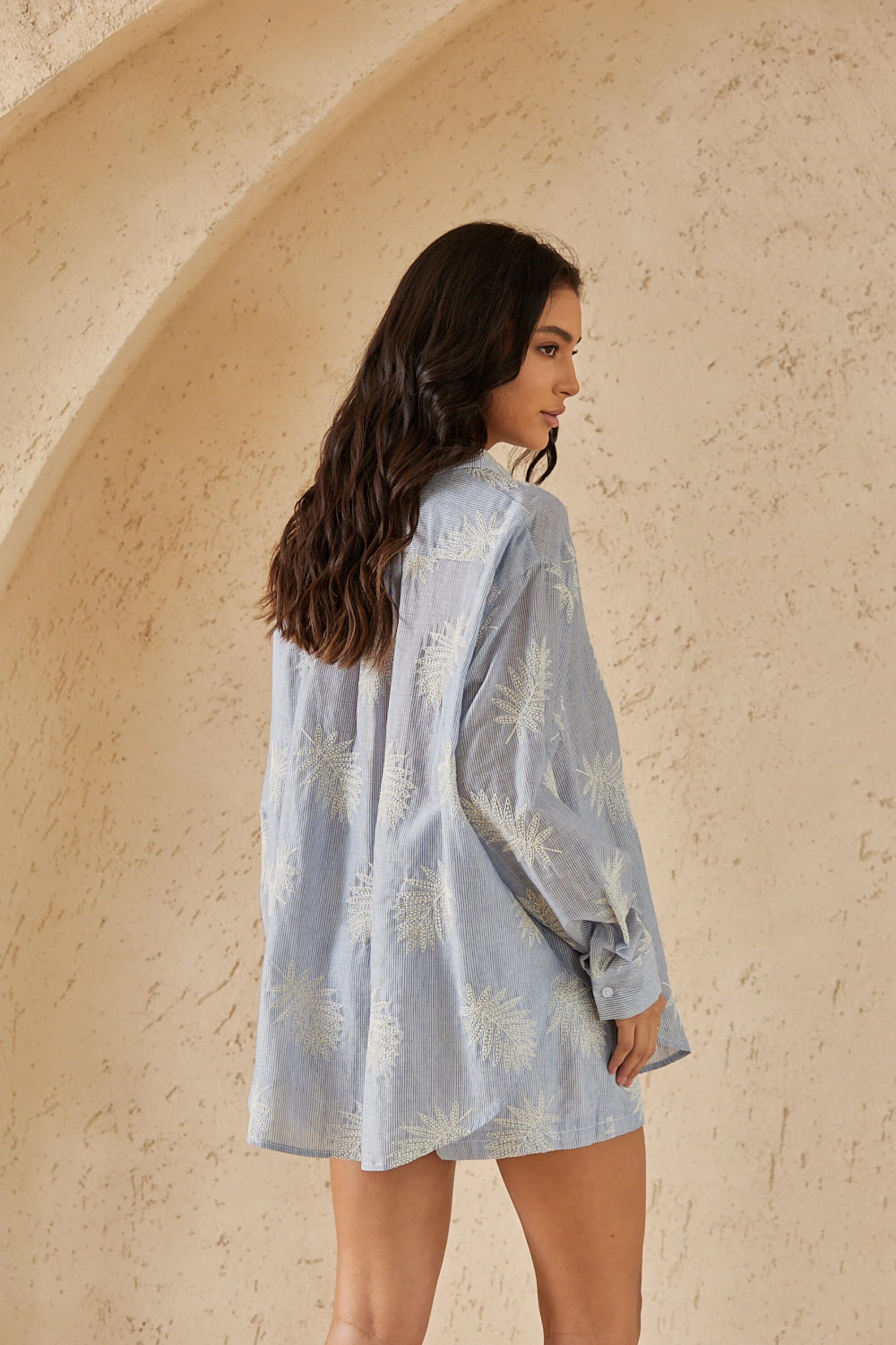 Elppis Light Blue Striped Long-Sleeve Shirt with Palm Leaf Embroidery, editorial styling view on model — SKU 3J5F05302BT