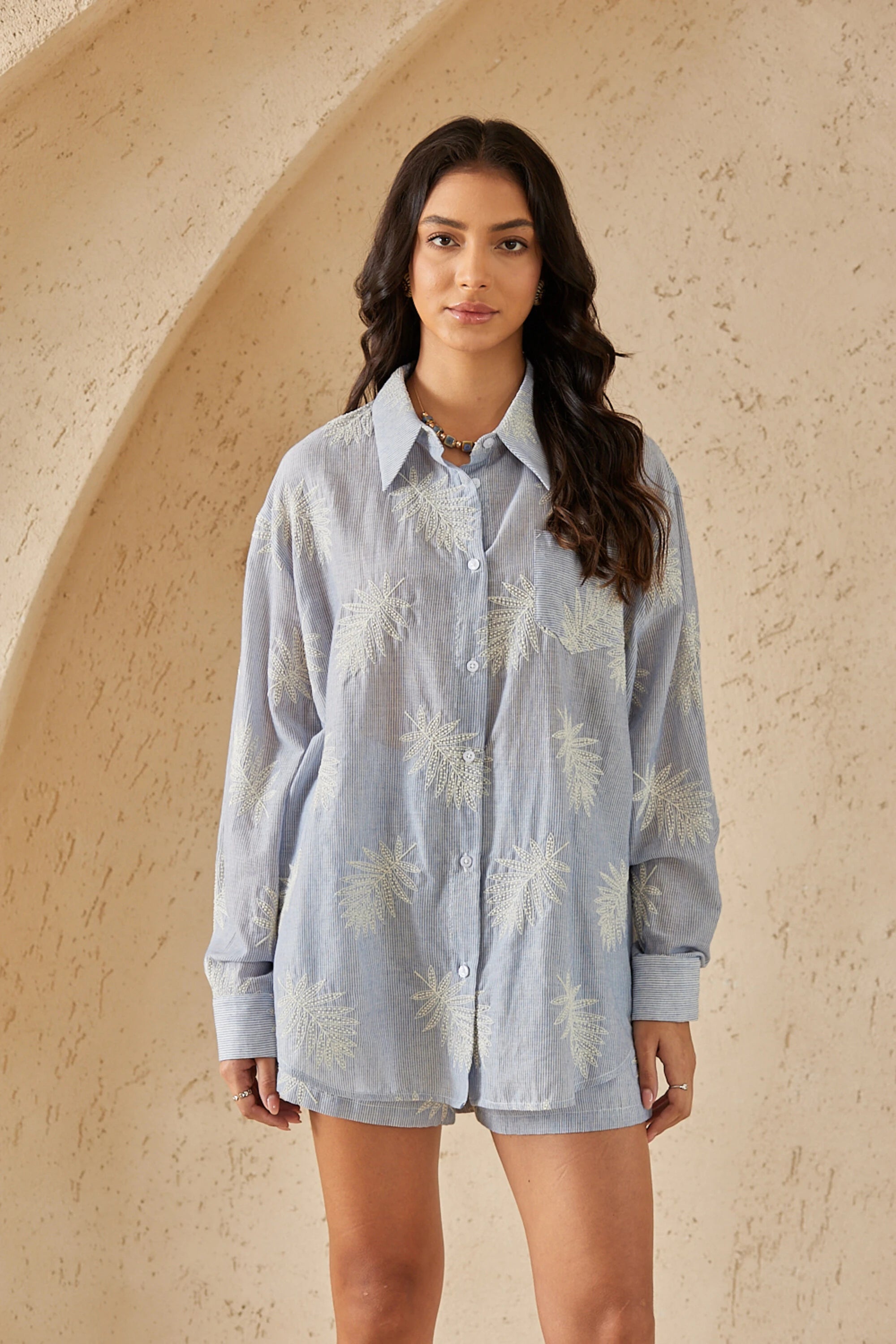 Elppis Light Blue Striped Long-Sleeve Shirt with Palm Leaf Embroidery, editorial styling view on model — SKU 3J5F05302BT