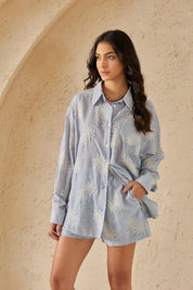 Elppis Light Blue Striped Long-Sleeve Shirt with Palm Leaf Embroidery, editorial styling view on model — SKU 3J5F05302BT