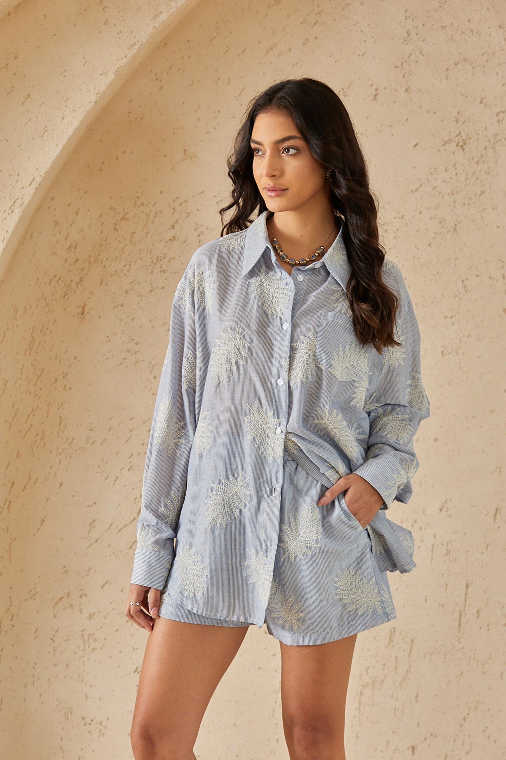 Elppis Light Blue Striped Long-Sleeve Shirt with Palm Leaf Embroidery, editorial styling view on model — SKU 3J5F05302BT
