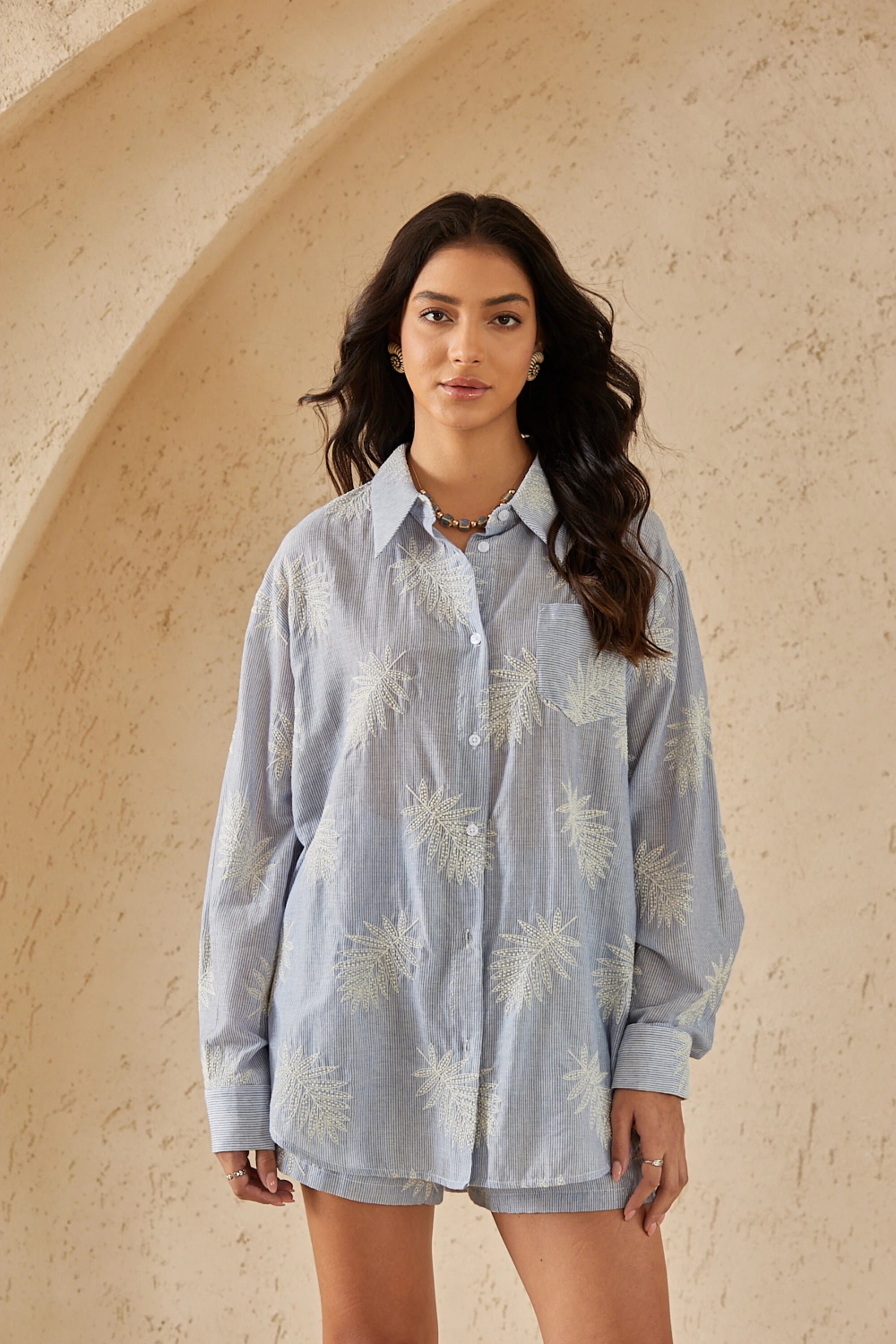 Elppis Light Blue Striped Long-Sleeve Shirt with Palm Leaf Embroidery, editorial styling view on model — SKU 3J5F05302BT