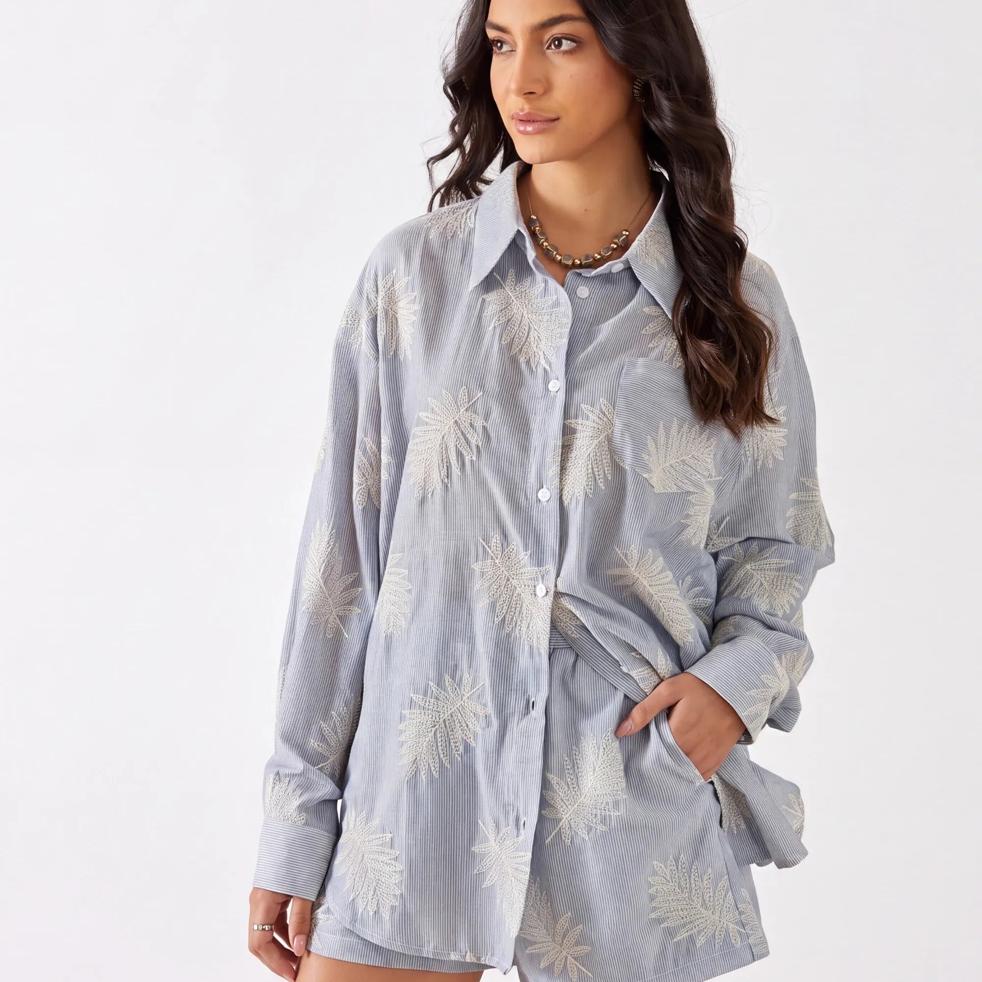 Elppis Light Blue Striped Long-Sleeve Shirt with Palm Leaf Embroidery, white-background full-length front view on model — SKU 3J5F05302BT