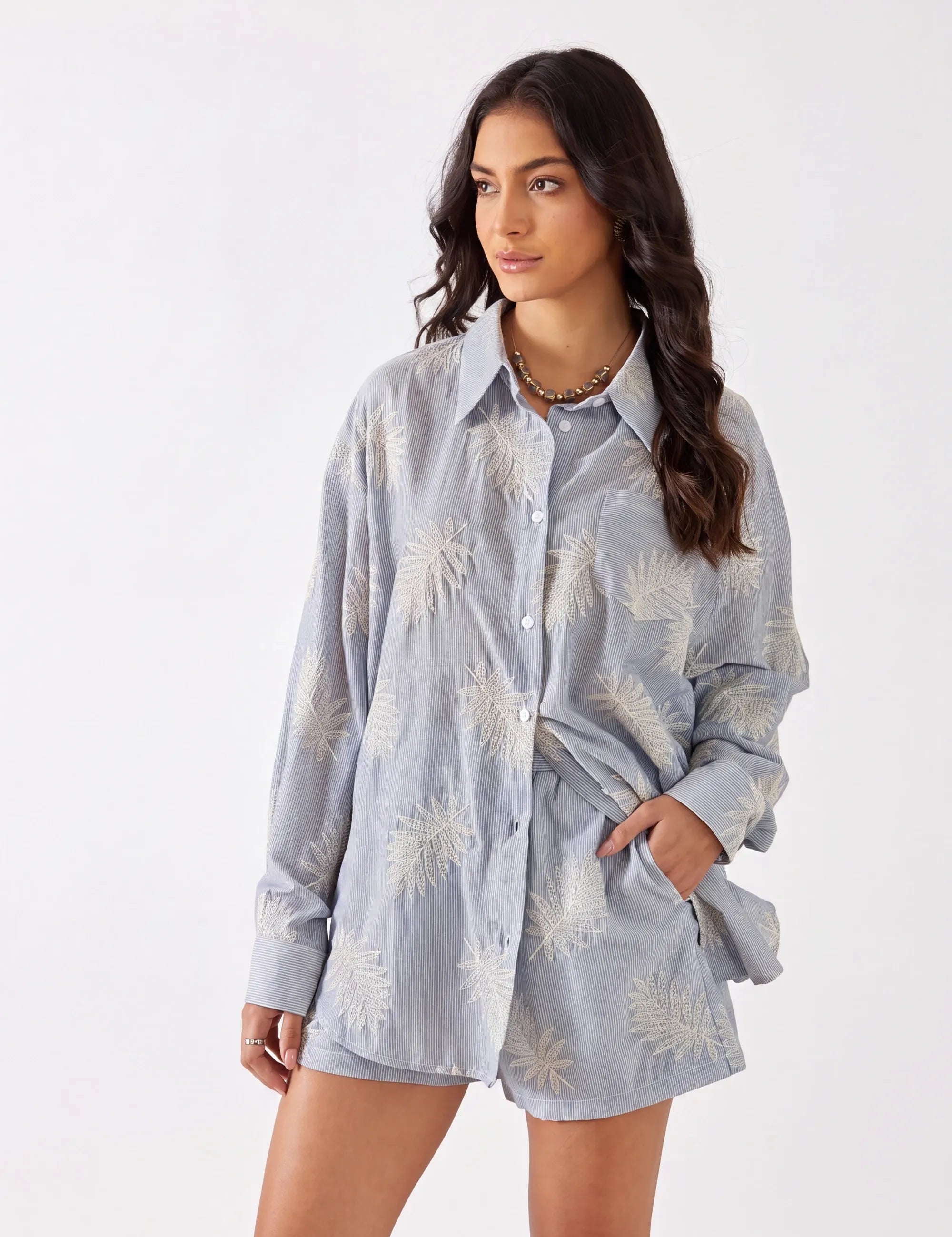 Elppis Light Blue Striped Long-Sleeve Shirt with Palm Leaf Embroidery, white-background full-length front view on model — SKU 3J5F05302BT