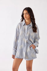 Light Blue Striped Long-Sleeve Shirt with Palm Leaf Embroidery