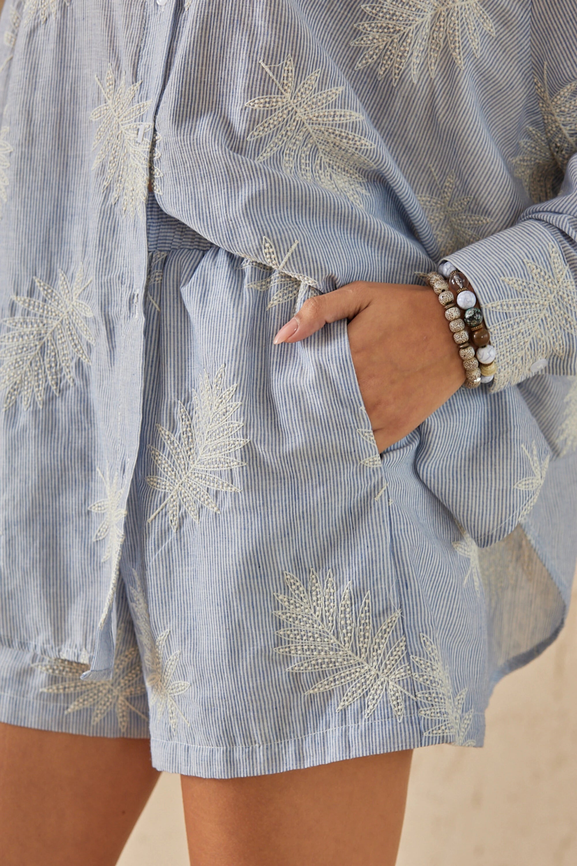 Elppis Light Blue Striped Long-Sleeve Shirt with Palm Leaf Embroidery, product detail view — SKU 3J5F05302BT