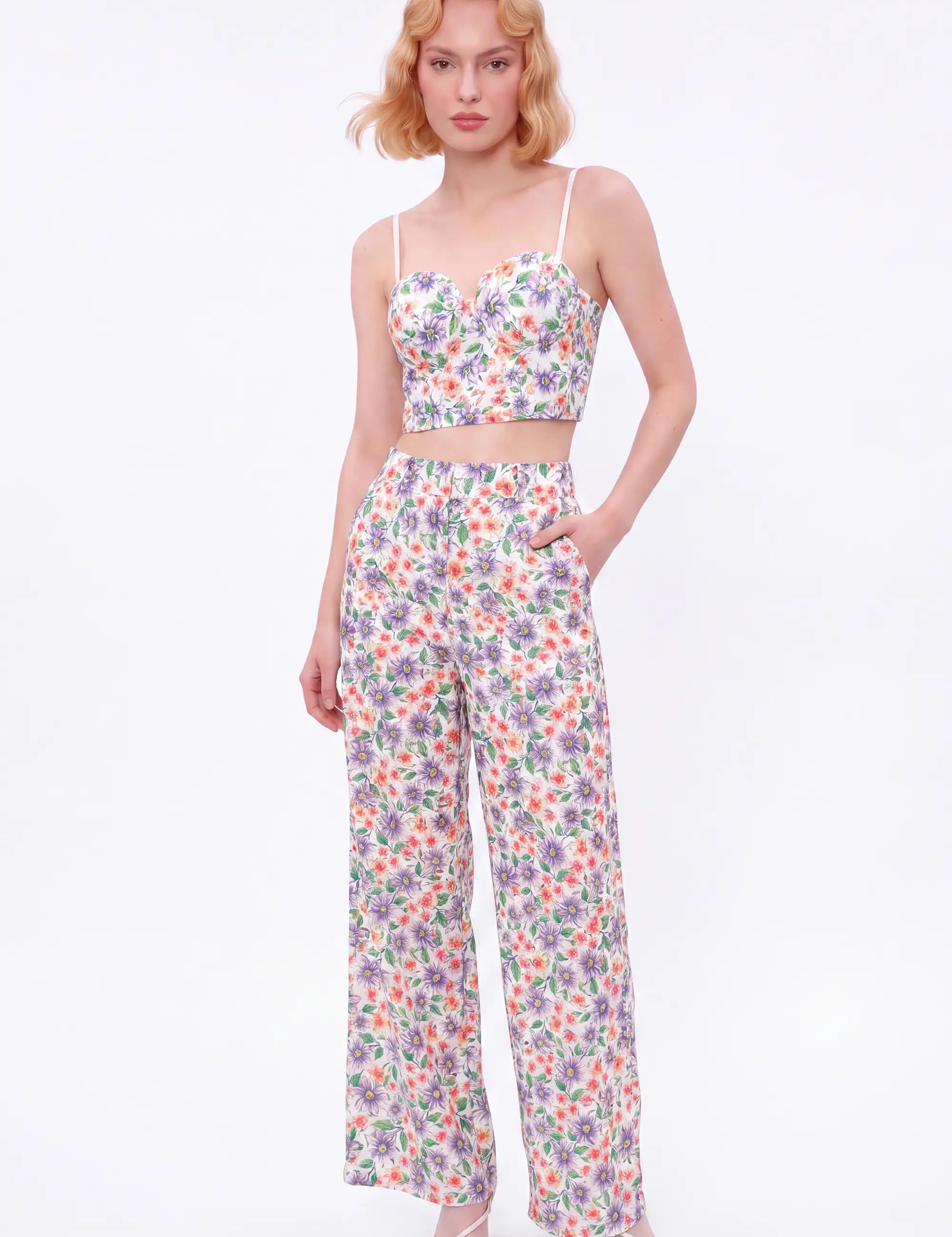 Elppis Multicolor Ditsy Floral Ramie-Blend Bustier Camisole modeled on a white background, full-length front view