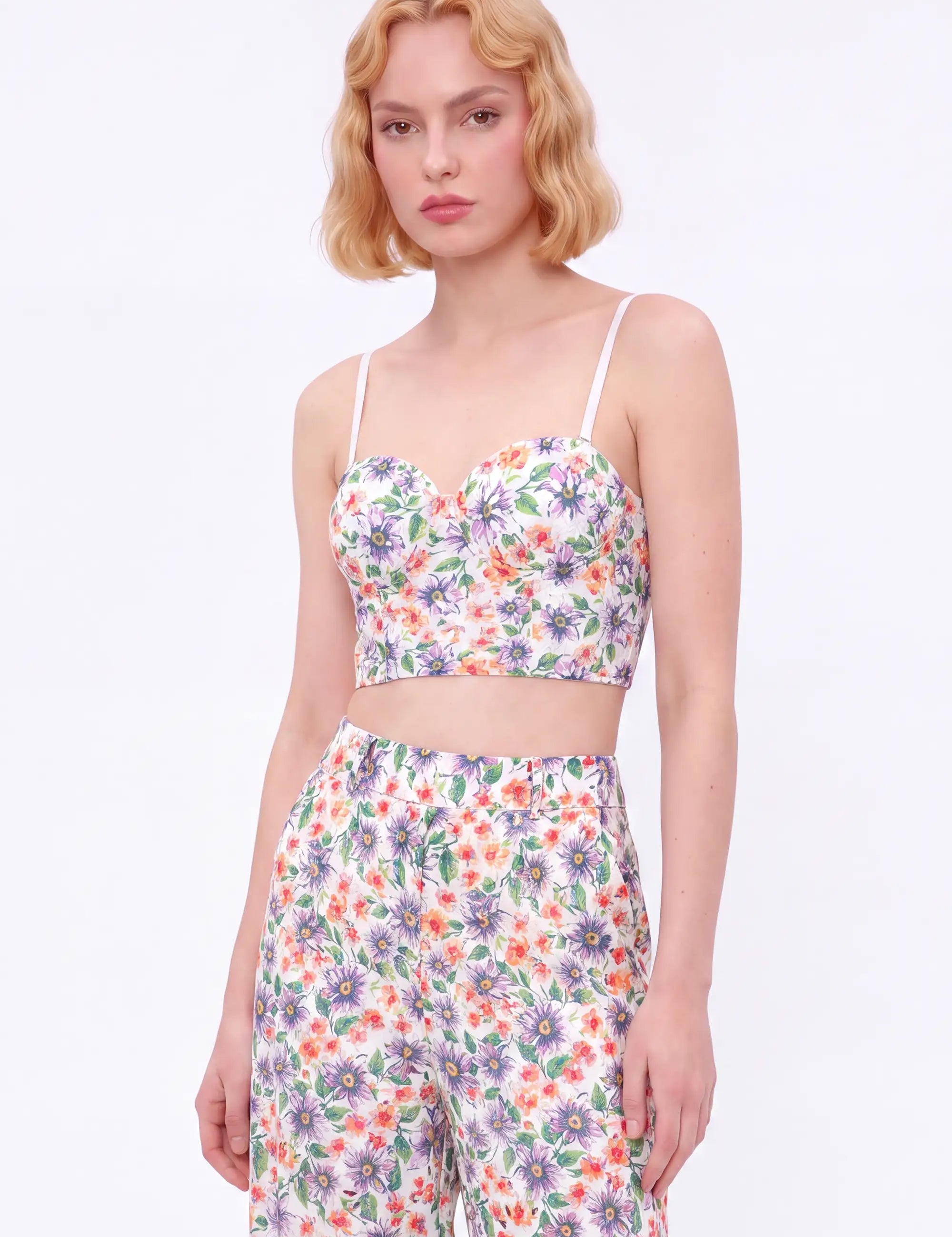 Elppis Multicolor Ditsy Floral Ramie-Blend Bustier Camisole modeled on a white background, close front view