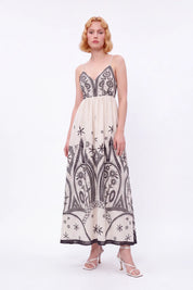 Off-White Sleeveless Maxi Dress with Black Ethnic Embroidery — Model White Background View 2