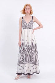 Off-White Sleeveless Maxi Dress with Black Ethnic Embroidery — Model White Background View 3