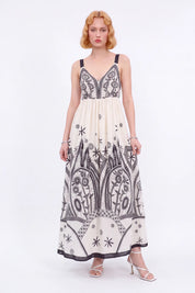 Off-White Sleeveless Maxi Dress with Black Ethnic Embroidery — Model White Background View 4