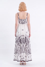 Off-White Sleeveless Maxi Dress with Black Ethnic Embroidery — Model White Background View 5