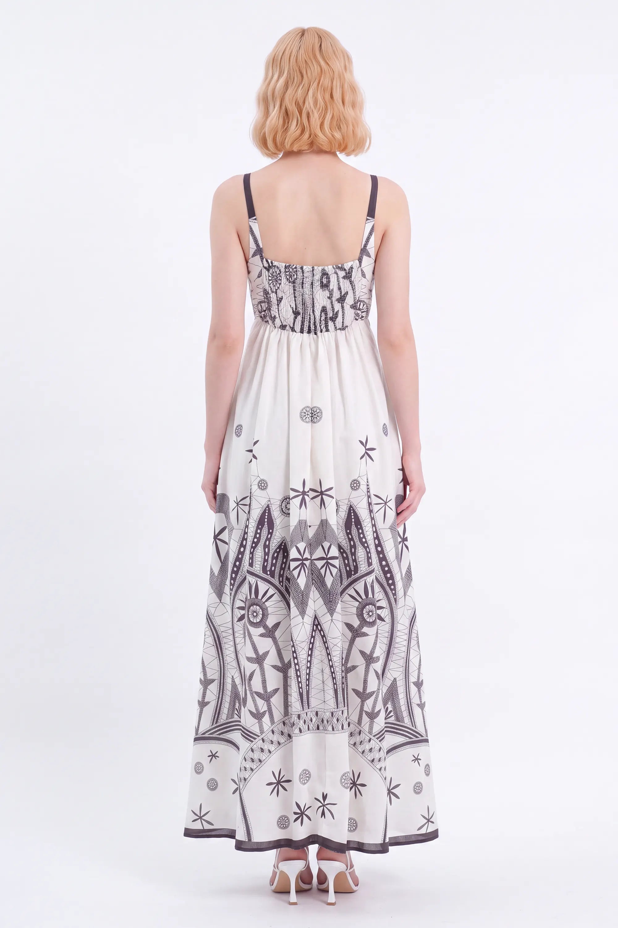 Off-White Sleeveless Maxi Dress with Black Ethnic Embroidery — Model White Background View 5