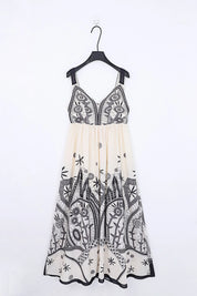 Off-White Sleeveless Maxi Dress with Black Ethnic Embroidery — Product Only Front