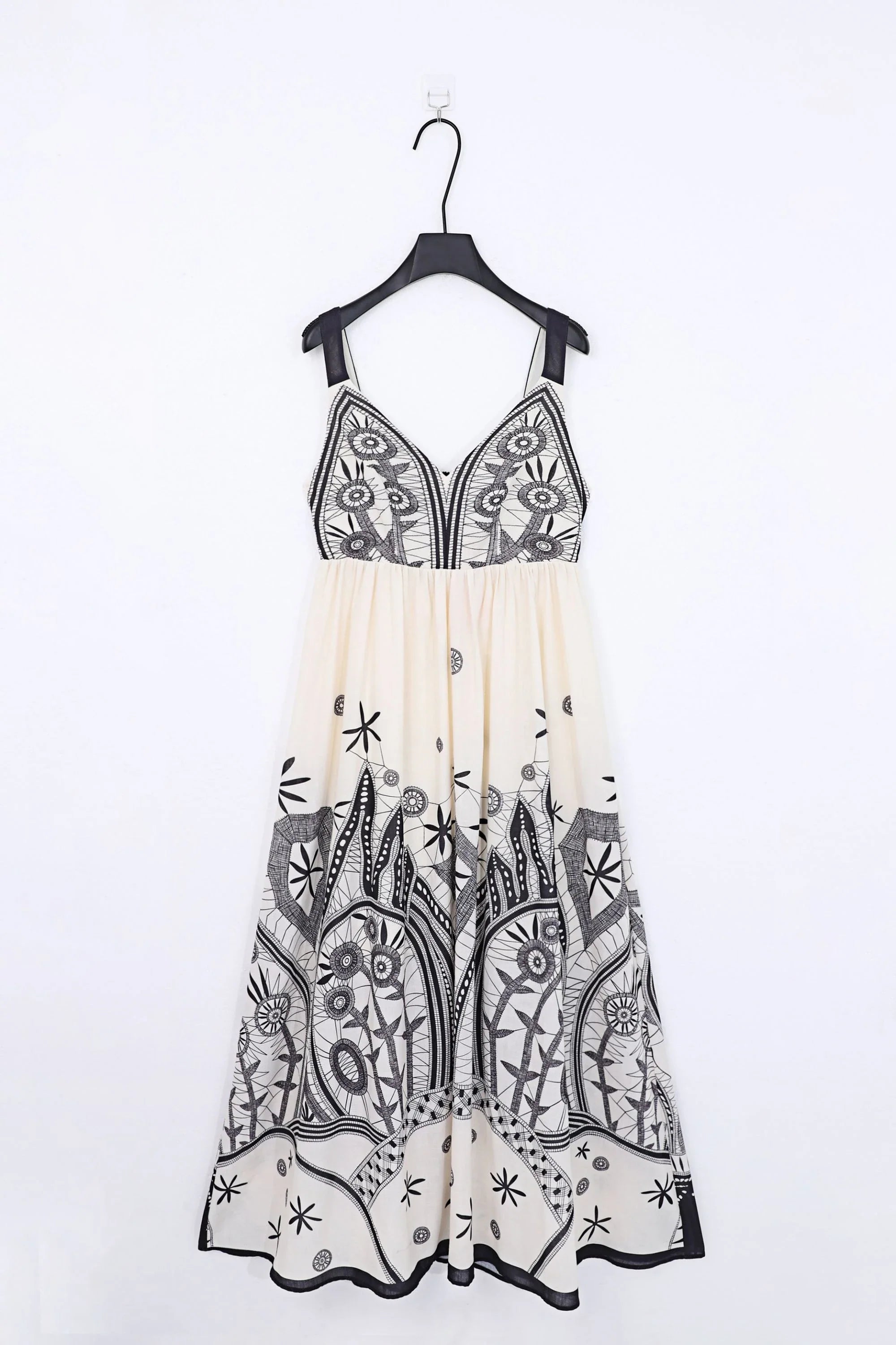 Off-White Sleeveless Maxi Dress with Black Ethnic Embroidery — Product Only Front