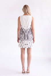Off-White Sleeveless Shift Dress with Black Ethnic Pattern — Model White Background View 5