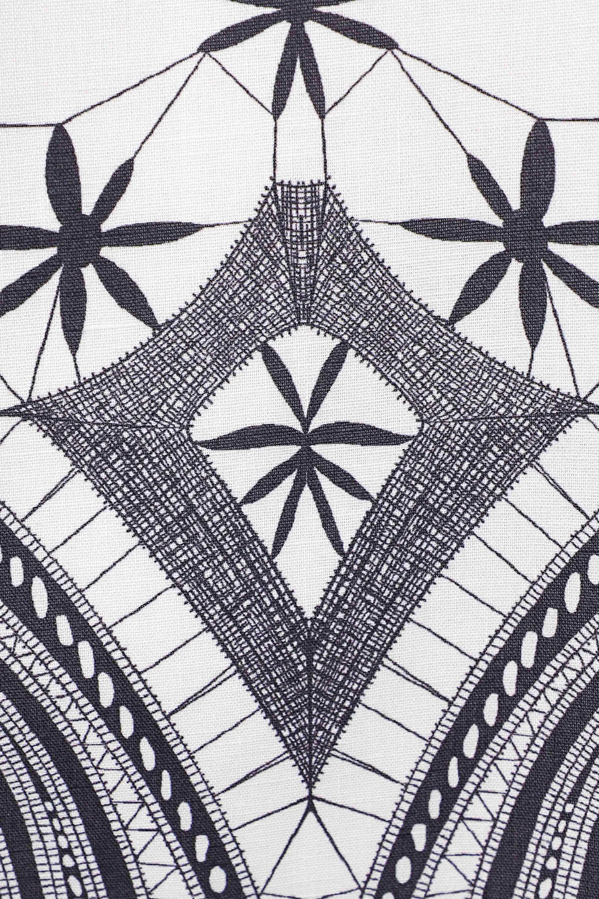 Off-White Sleeveless Shift Dress with Black Ethnic Pattern — Product Detail 1