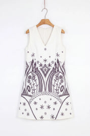 Off-White Sleeveless Shift Dress with Black Ethnic Pattern — Product Only Front