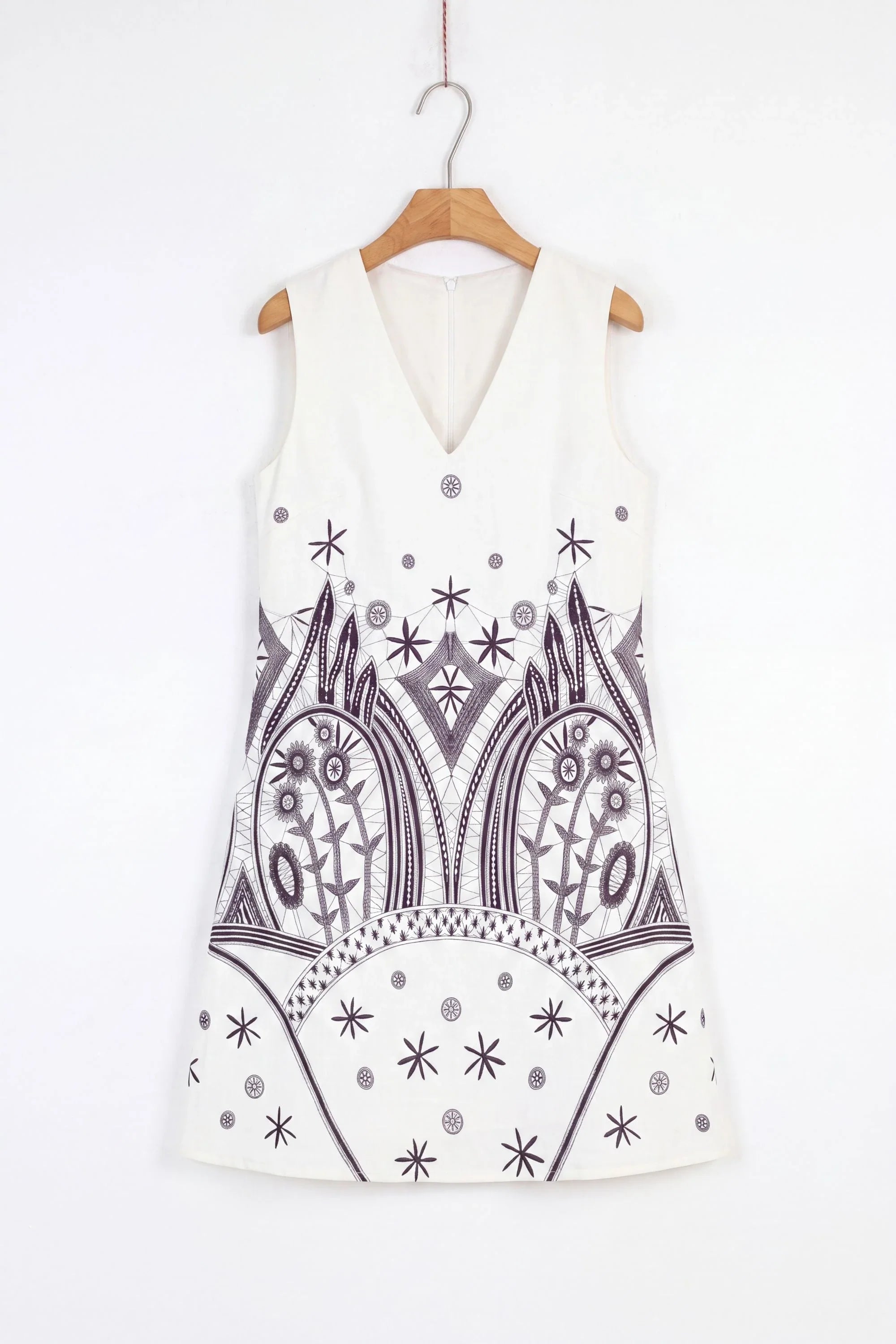 Off-White Sleeveless Shift Dress with Black Ethnic Pattern — Product Only Front